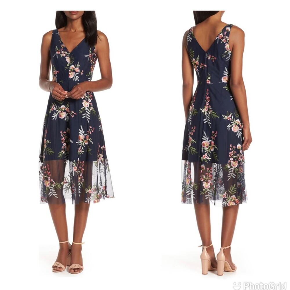 Vince Camuto Floral Embroidered Mesh Midi Dress navy blue double V sleeveless